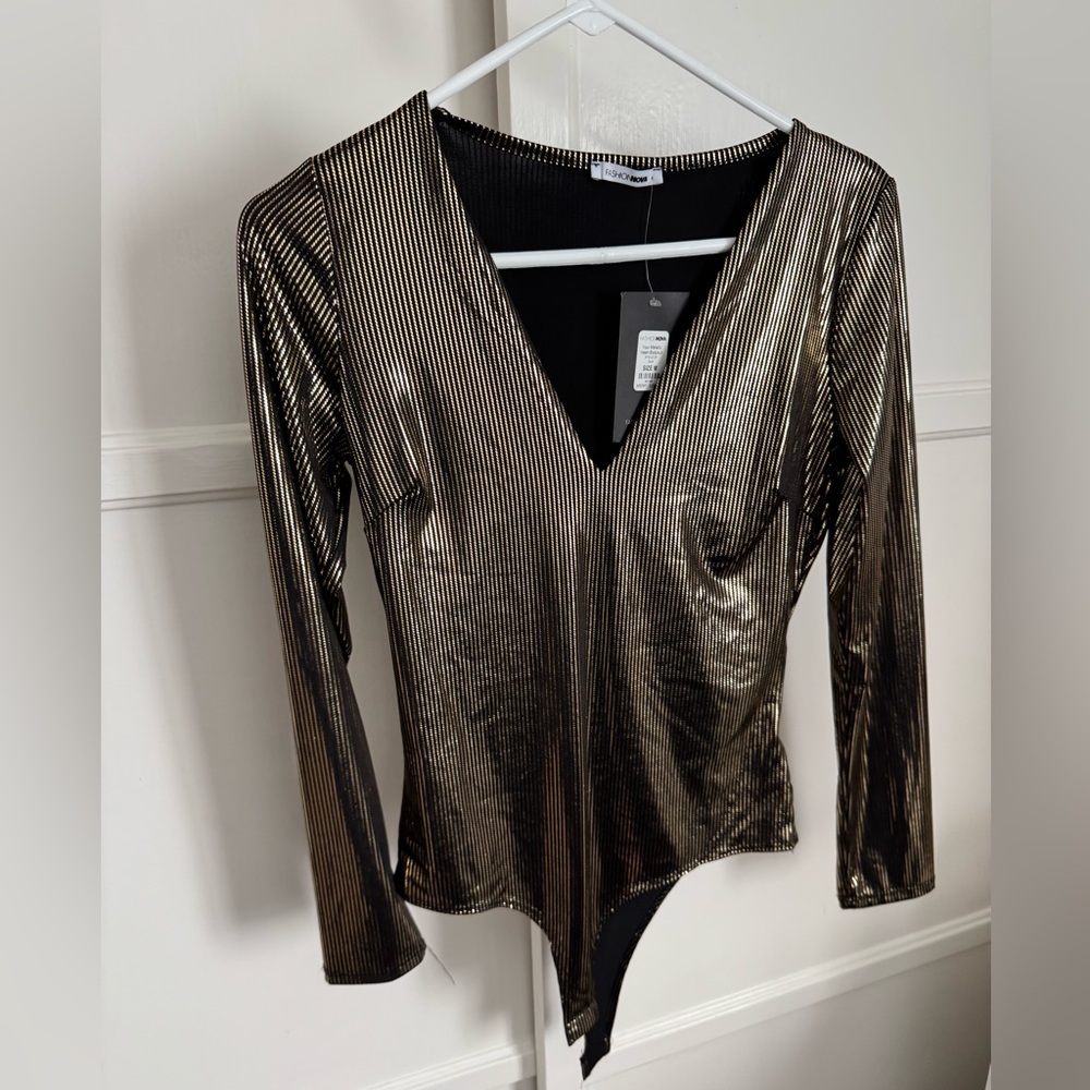 Fashion Nova gold metallic long sleeve bodysuit
